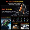 A rugged smartphone is shown with various feature callouts and icons. Produktbild-Vorschau