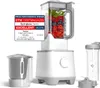 A blender set with multiple attachments, including a food processor bowl and a to-go bottle, displayed on a white background. A prominent award sticker is attached to the main blender jar. Produktbild-Vorschau