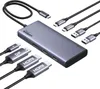 A gray USB-C hub with various cables connected to it, arranged on a white background. Produktbild-Vorschau