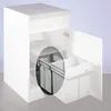 A white kitchen cabinet with a pull-out trash bin system. The bin system is partially extended, showing two gray bins inside. Produktbild-Vorschau