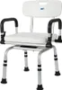 A white and silver shower chair with black armrests and feet, shown against a white background. Produktbild-Vorschau