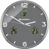 A close-up view of a wall clock with digital displays for temperature and humidity. Produktbild-Vorschau