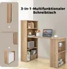 A multi-functional desk with an integrated bookshelf, shown in a room setting with a laptop and decorative items. Podgląd zdjęcia produktu