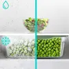 A split image showing fresh salad in a bowl on top and frozen peas on the left and fresh peas on the right, in containers. Podgląd zdjęcia produktu