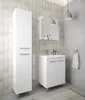 A modern bathroom with a white tall cabinet and a white vanity with a sink and mirror. Voir les images du produit