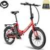 A red electric bicycle with accessories is displayed against a white background. Produktbild-Vorschau