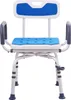 A front view of a blue and white shower chair with armrests and a backrest, set against a white background. Podgląd zdjęcia produktu