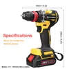 A cordless drill with specifications and dimensions shown. Produktbild-Vorschau