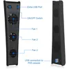 A black cooling fan accessory for a PlayStation 5 console is shown from two angles, with labels pointing out its features. Produktbild-Vorschau