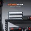 A stackable drill bit organizer with five drawers is shown on a shelf, with toolboxes below. Produktbild-Vorschau