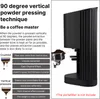 An image explaining the 90-degree vertical powder pressing technique for coffee, comparing 'Crushed' vs 'Vertical pressure' methods with accompanying text and graphics. A coffee grinder is shown on the right. Produktbild-Vorschau