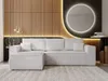 A modern living room with a light gray sectional sofa, wood-paneled wall, and a circular mirror with backlighting. Produktbild-Vorschau