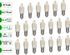 A collection of LED filament light bulbs arranged in rows on a white background, with descriptive text labels on the left side. Produktbild-Vorschau