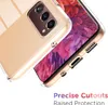 A close-up shot of a transparent phone case with a gold tint, showing the camera module and side buttons. The phone's screen displays a colorful abstract image. Anteprima dell’immagine prodotto
