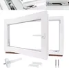 A white PVC window with a handle, shown in an open position, with some hardware components displayed below. Produktbild-Vorschau