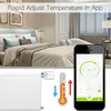 A bedroom scene with a bed, and a smartphone displaying a smart home app, alongside a radiator thermostat and a thermometer graphic. Podgląd zdjęcia produktu