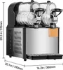 A commercial slushy machine with two transparent tanks and a stainless steel base, shown with dimensions indicated. Náhled obrázku produktu