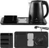 A black electric kettle and a black tray with compartments for cutlery and tea accessories, presented on a white background. Náhled obrázku produktu