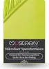 A flat lay image of a lime green fitted sheet with a black band at the bottom containing product information. Produktbild-Vorschau