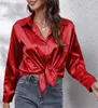 ASKSA Damen Satin Bluse V-Ausschnitt Hemde Elegant Knoepfen Produktbild-Vorschau 2
