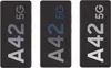 Three Samsung Galaxy A42 5G phones are displayed side-by-side against a black background. The phones have the text 'A42 5G' displayed on their screens in different colors. Produktbild-Vorschau