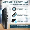 A marketing image showcasing a small form factor desktop computer with its specifications and operating system highlighted. Produktbild-Vorschau