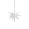 A white star-shaped Christmas decoration hangs from a thin string against a white background. Produktbild-Vorschau