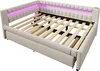 A beige upholstered daybed with a wooden slat mattress support and pink LED lighting. Produktbild-Vorschau