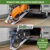 A collage showing a scooter and a bicycle being loaded onto a ramp into a van. Produktbild-Vorschau
