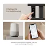 A collage showing a hand interacting with a smart device, a smart speaker, and a smartphone app, all related to controlling a product. Anteprima dell’immagine prodotto