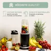 A blender and its accessories are displayed with various fruits and text highlighting product features. Produktbild-Vorschau