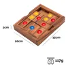 A wooden puzzle game with colored balls is shown with dimensions and weight indicated by text overlays. Produktbild-Vorschau