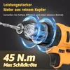 Close-up of a cordless drill with internal gears highlighted, against a dark background with text overlays. Produktbild-Vorschau