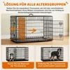 A dog crate with a movable divider and two smaller images showing how to adjust the space for a puppy and a larger dog. Produktbild-Vorschau