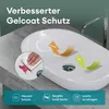 A close-up marketing image of a white sink with arrows indicating protection against stains and yellowing, and a small inset showing a hand cleaning a stain. Produktbild-Vorschau