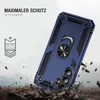 A blue phone case with a ring holder is shown in a dynamic, action-oriented scene with debris flying around, suggesting durability and protection. Produktbild-Vorschau
