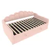 A pink upholstered daybed with a scalloped headboard and wooden slats for a mattress. It has two drawers underneath. Produktbild-Vorschau