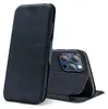 A dark blue flip case for an iPhone is shown against a white background. The case is partially open, revealing the phone's camera. Produktbild-Vorschau