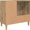 A product image of a wooden cabinet with legs, shown from a side angle. The cabinet has a section with exposed interior shelving and hinges. Produktbild-Vorschau