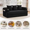A black sofa is shown in a room, with four circular insets below showing different room settings where the sofa could be used. Produktbild-Vorschau