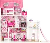 A pink and white dollhouse with multiple floors, furniture, and a slide. Produktbild-Vorschau