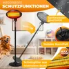 A product image showcasing an infrared heater with various features highlighted by text overlays and close-up views. Produktbild-Vorschau
