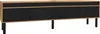 A long, low cabinet with black doors and a wooden top and frame, standing on black legs. Produktbild-Vorschau