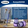 Two Dyson vacuum cleaners and replacement filters are displayed on a wooden surface, with a text overlay listing compatible Dyson models. Produktbild-Vorschau