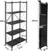 A black metal folding shelf unit shown in both its open and folded states, with dimensions indicated by text overlays. Voir les images du produit
