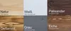 A collage of different wood finishes with text labels. Produktbild-Vorschau