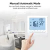 A hand is shown interacting with a smart thermostat mounted on a wall, with a blurred office or living space in the background. Náhľad obrázku produktu