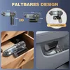 Collage showing a foldable hand vacuum cleaner in different states and storage locations. Produktbild-Vorschau