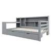 A gray daybed with built-in storage and shelving is shown against a white background. Produktbild-Vorschau