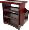 A dark red wooden side table with multiple shelves and a magazine rack. Produktbild-Vorschau